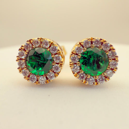 High-Quality Round Colombian Emerald & Diamond Earrings – 0.55 ct | 24 Diamonds | 18K Gold
