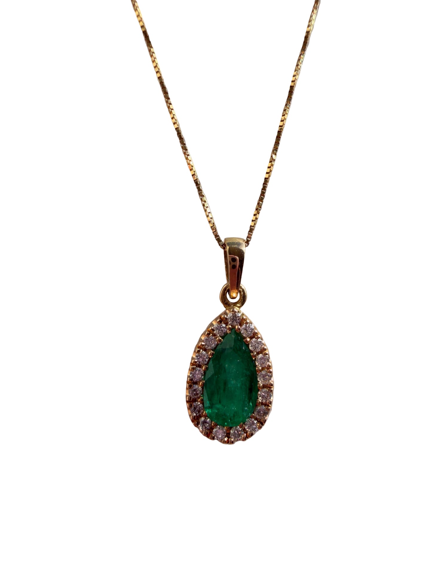High-Quality Teardrop Colombian Emerald Diamond Pendant – 1.03 ct | 17 Diamonds | 18K Gold