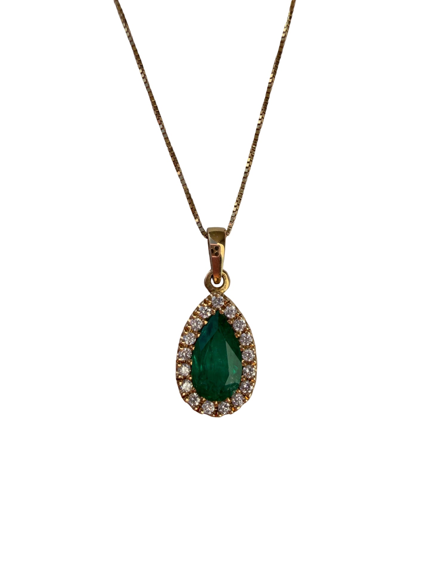 High-Quality Teardrop Colombian Emerald Diamond Pendant – 1.03 ct | 17 Diamonds | 18K Gold
