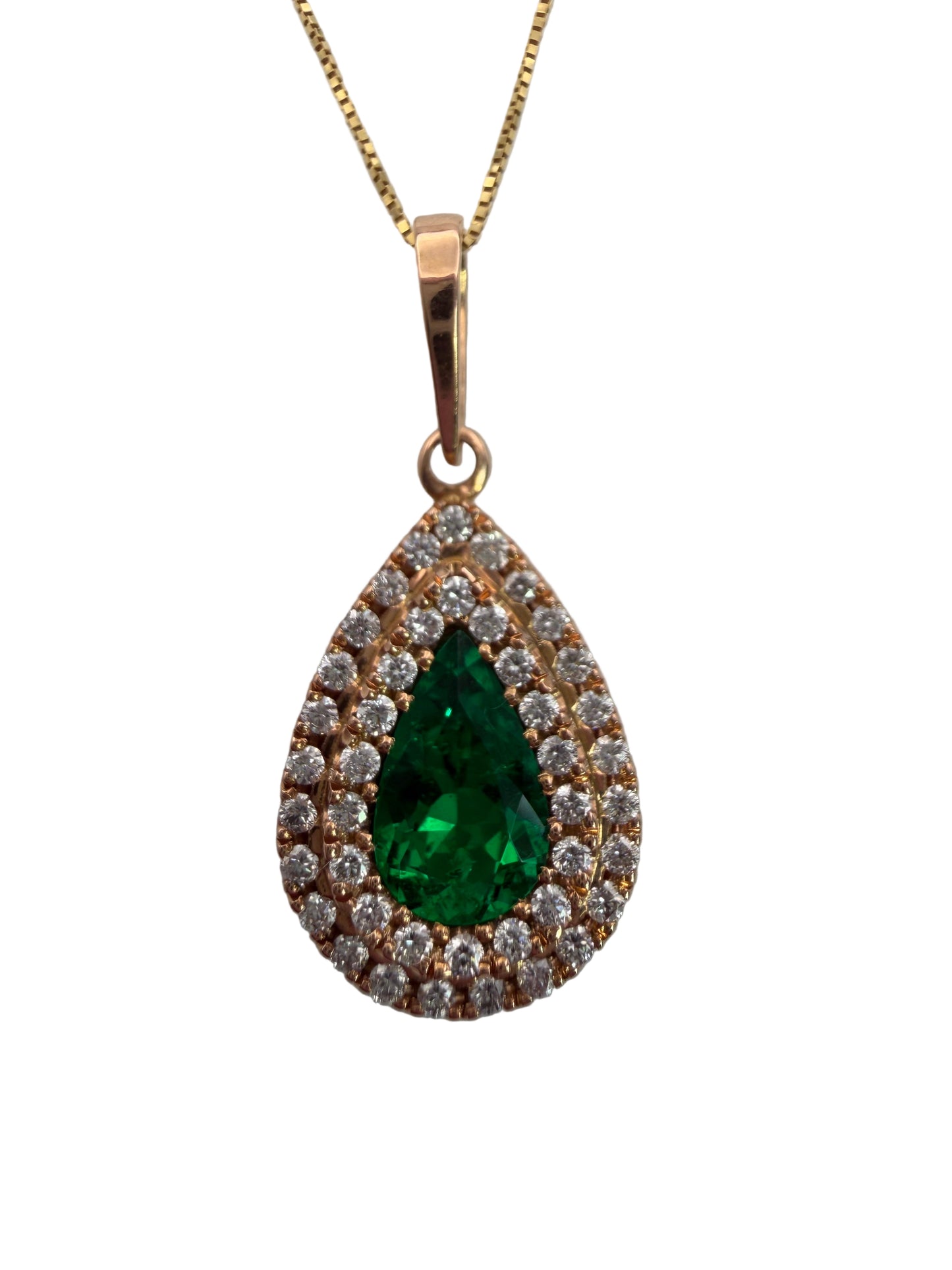 Investment-Quality Teardrop Colombian Emerald Diamond Pendant – 1.28 ct | Double Diamond Channel | 18K Gold