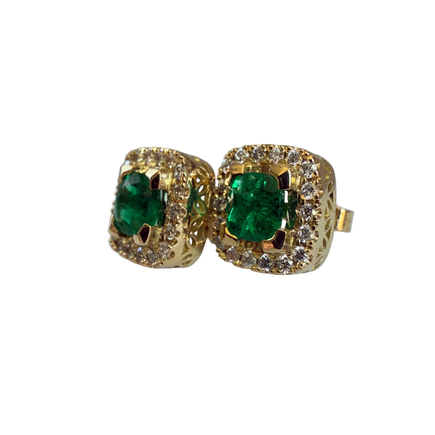 High-Quality Semi-Square Colombian Emerald & Diamond Earrings – 1.02 ct | 36 Diamonds | 18K Gold