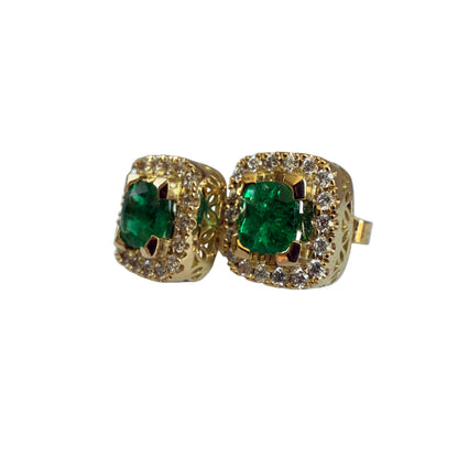 High-Quality Semi-Square Colombian Emerald & Diamond Earrings – 1.02 ct | 36 Diamonds | 18K Gold