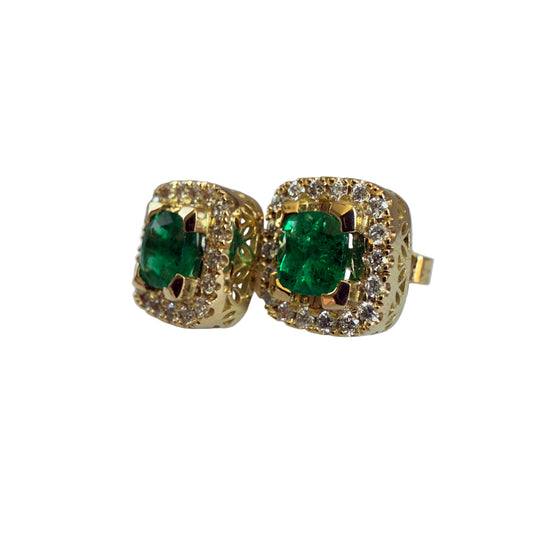 High-Quality Semi-Square Colombian Emerald & Diamond Earrings – 1.02 ct | 36 Diamonds | 18K Gold