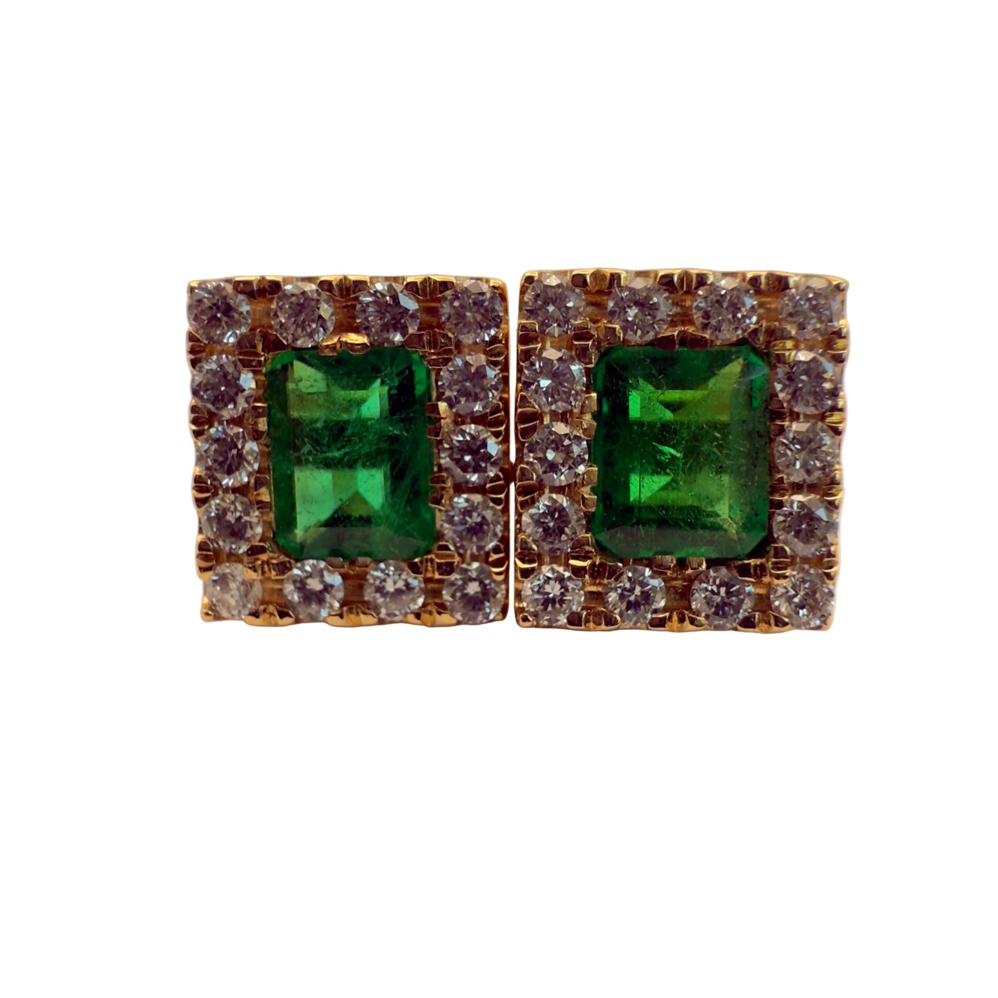 High-Quality Square Colombian Emerald & Diamond Earrings – 0.55 ct | 28 Diamonds | 18K Gold