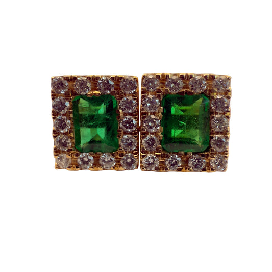 High-Quality Square Colombian Emerald & Diamond Earrings – 0.55 ct | 28 Diamonds | 18K Gold