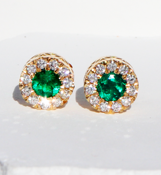 Aretes Maria Alice - Esmeralda Colombiana Forma Redonda con Diamantes | Oro Sólido 18K