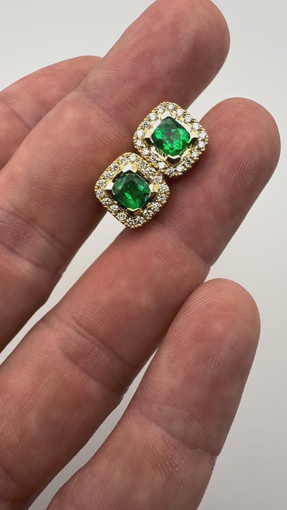 High-Quality Semi-Square Colombian Emerald & Diamond Earrings – 1.02 ct | 36 Diamonds | 18K Gold