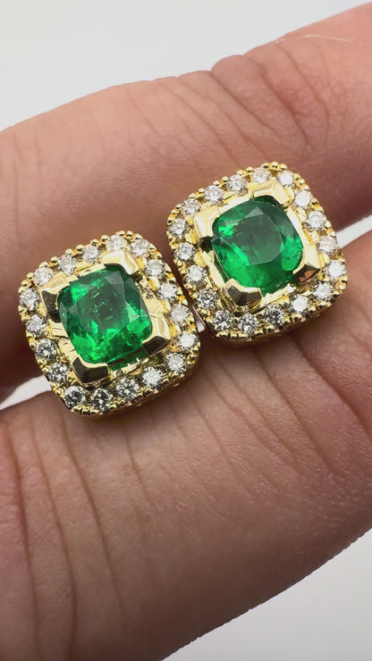 High-Quality Semi-Square Colombian Emerald & Diamond Earrings – 1.02 ct | 36 Diamonds | 18K Gold
